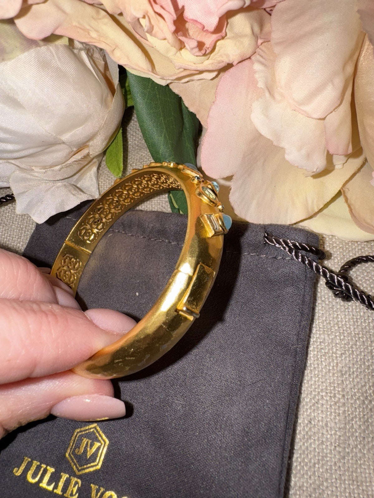 Julie Vos Hinged Bangle Bracelet Blue Iridescent Stones 24k Plated Julie Vos