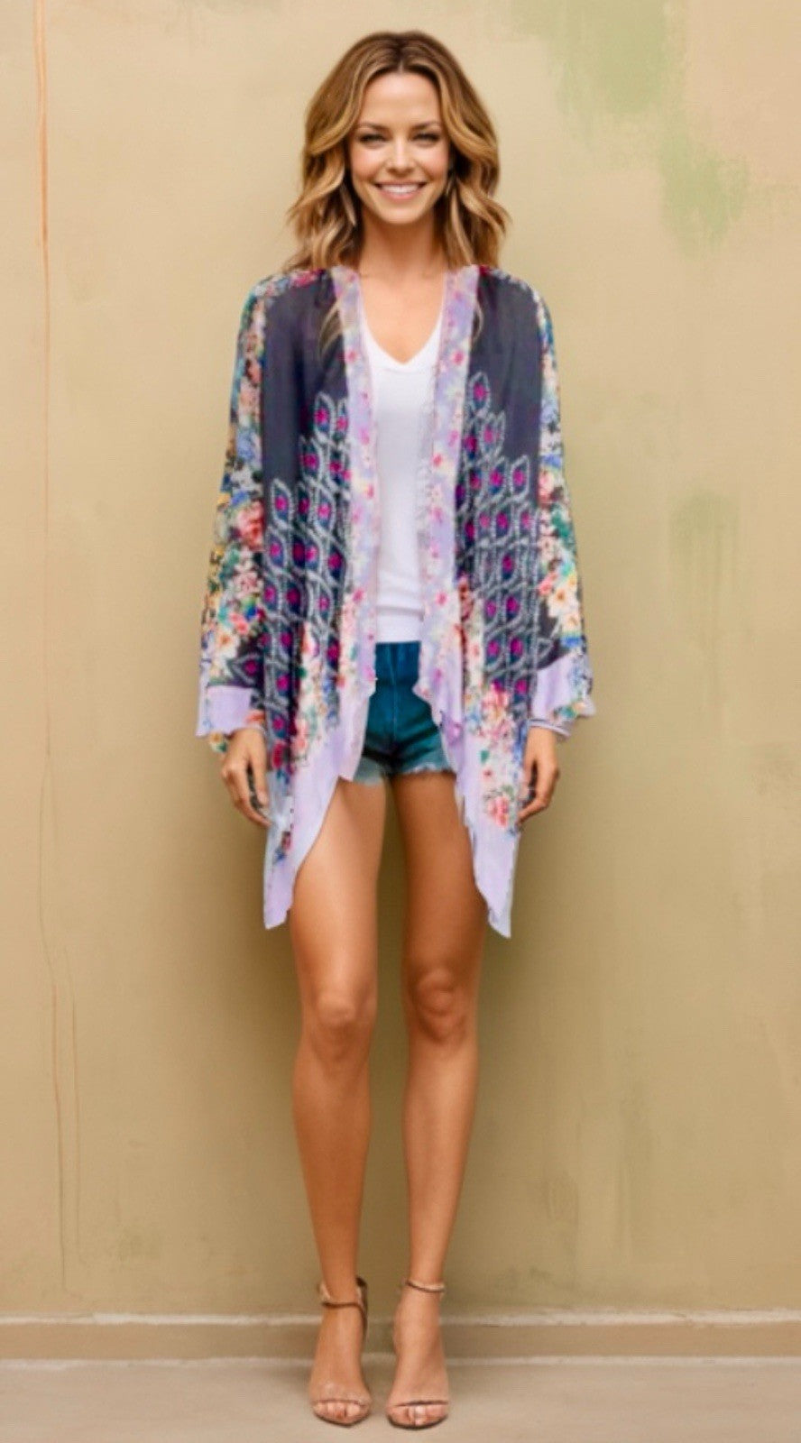 Johnny Was L 100% Silk Kimono Cool Cardigan Lightweight Jacket Lavender & Black Johnny Was