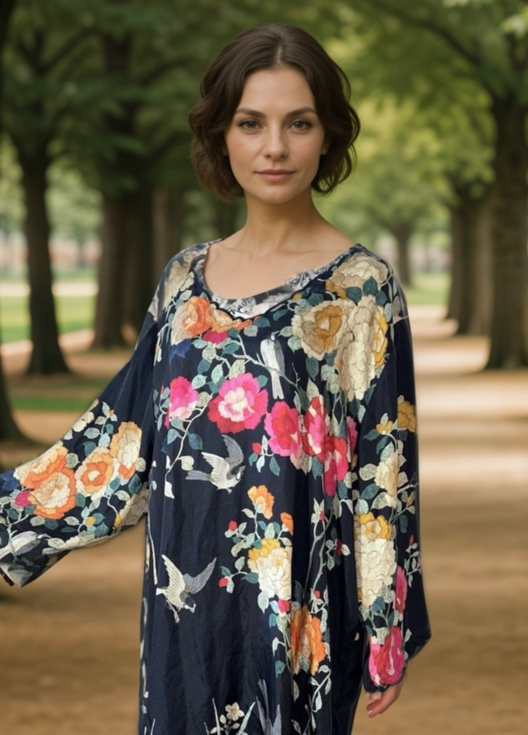 100% Silk Johnny Was Black Tunic Top Or Mini Dress XXL 2X 2XL Birds & Flowers Johnny Was