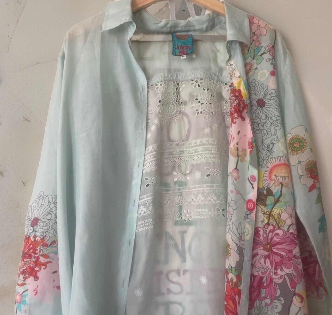 Johnny Was 100% Silk Soft Blue Button Up Top Sz M Medium Long Sleeve Eyelet Lace