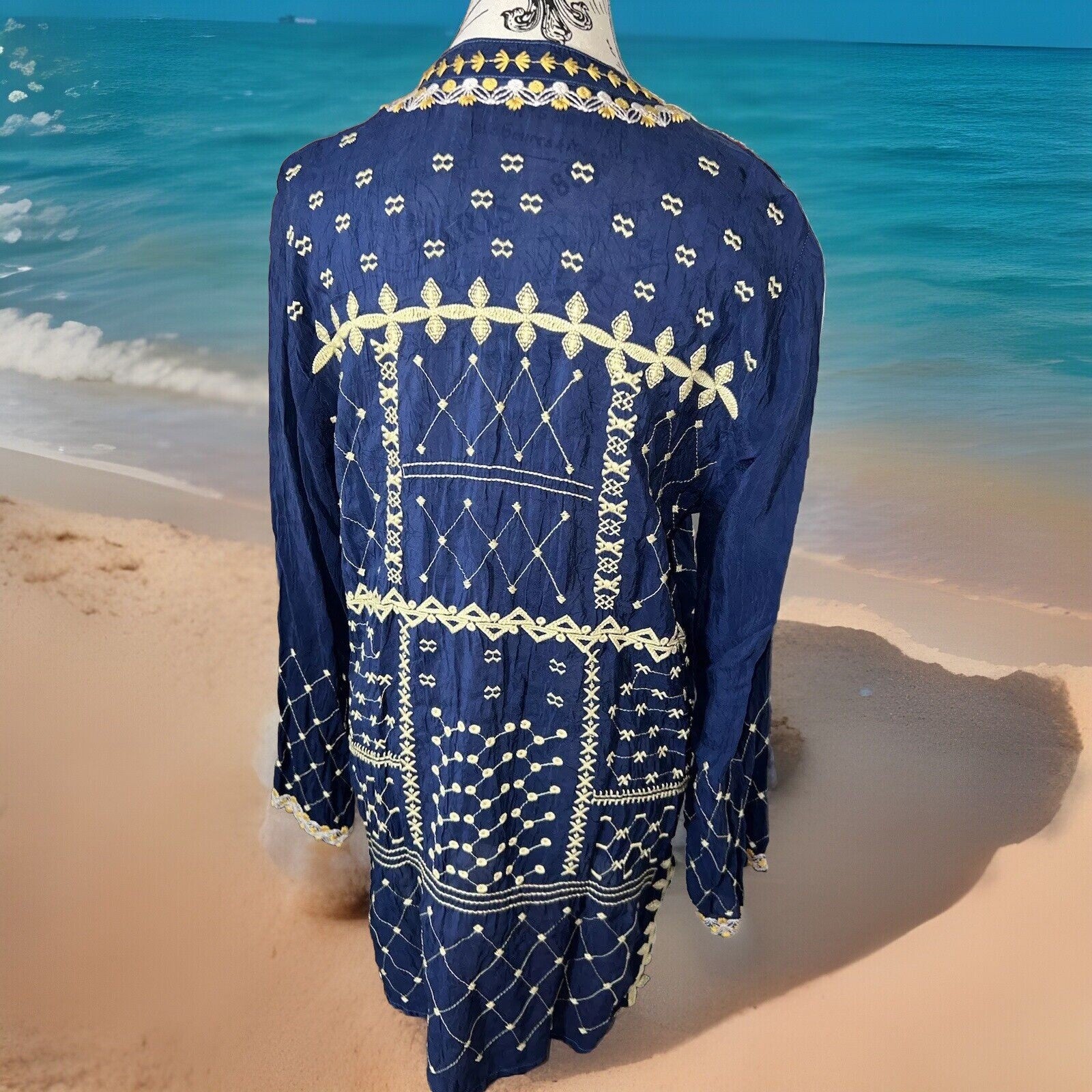 EuC Johnny Was L Large Blue Embroidered Tunic Top Mini Dress Floral RETIRED Johnny Was