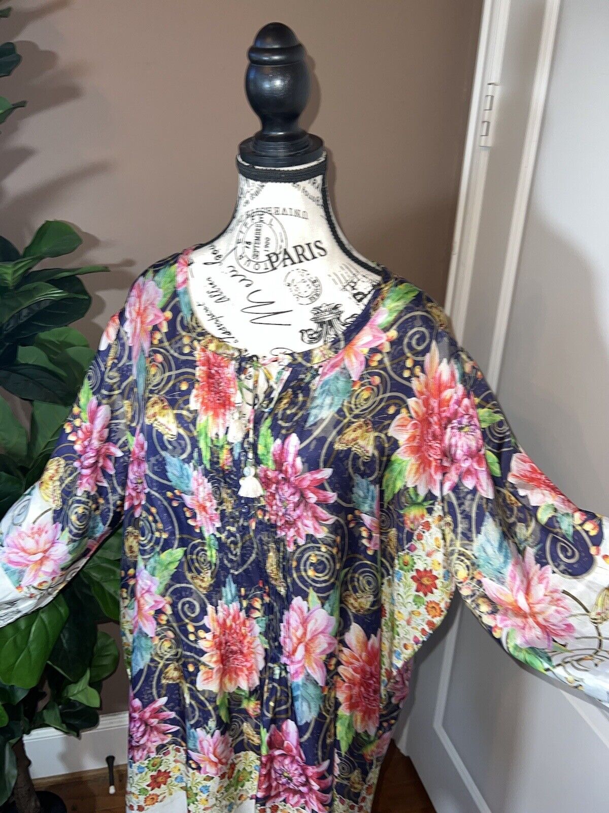 Johnny Was 100% Silk Tunic Top Tassels Jewel Tone XL 1X 1XL Floral &City