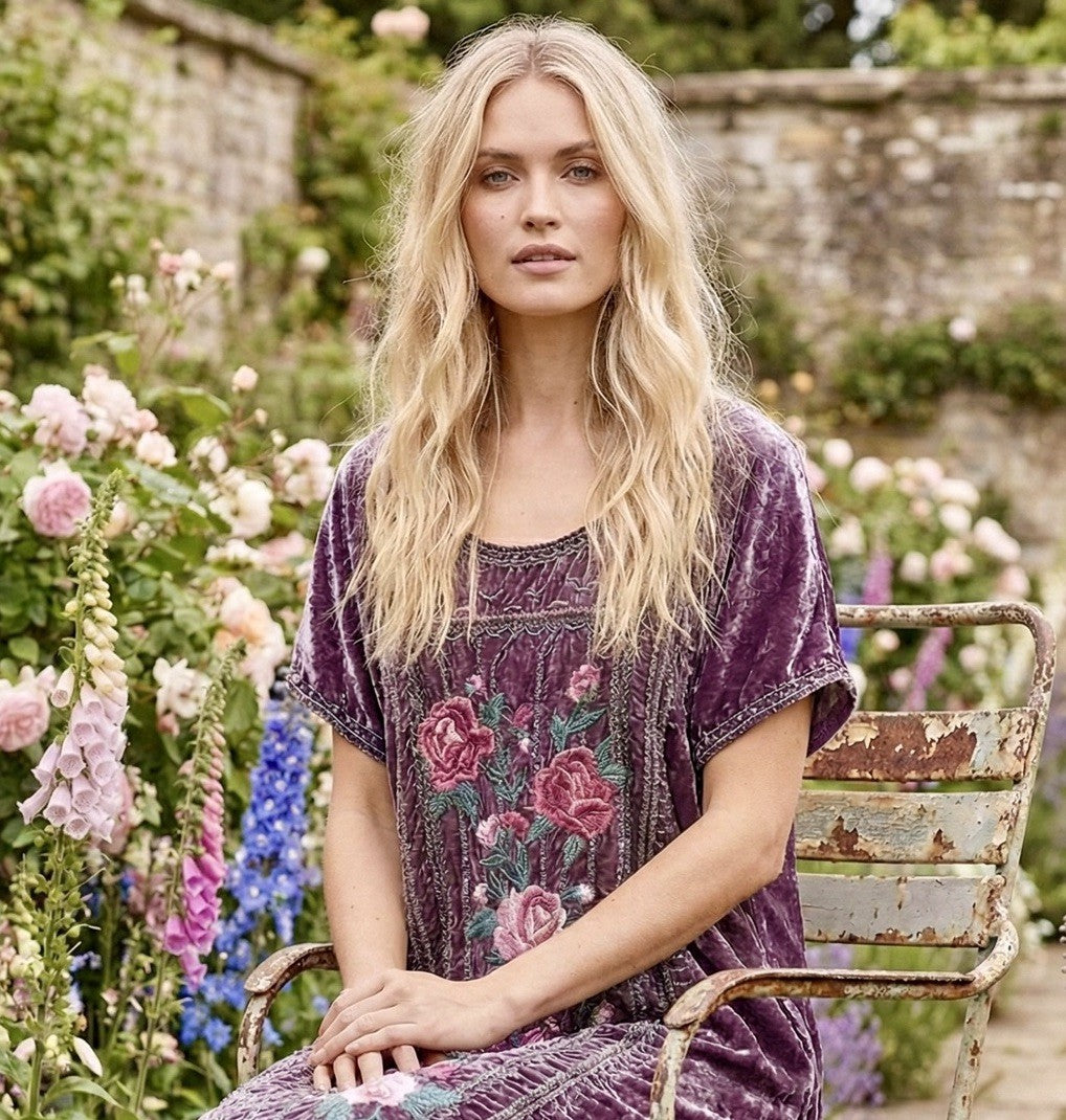 Johnny Was L Large Purple Velvet Embroidered Shift Mini Dress Short Sleeve BOHO Johnny Was