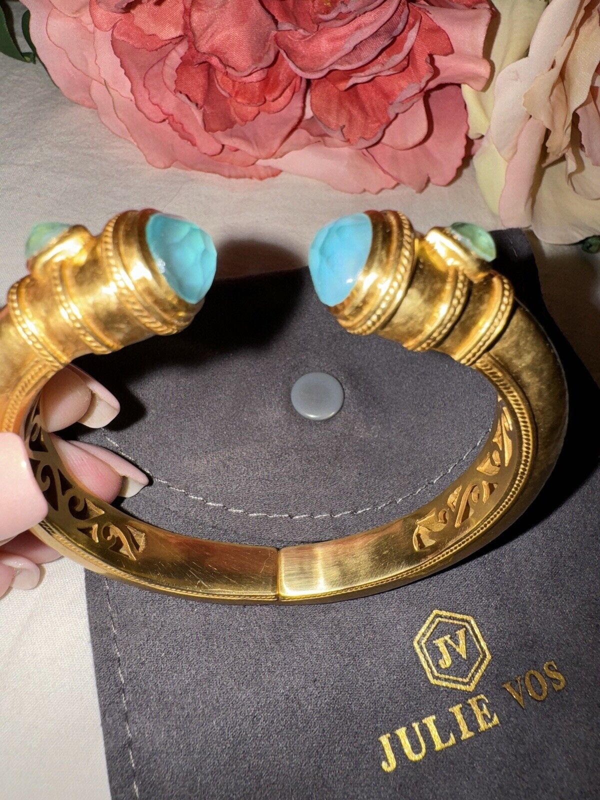 NEW Julie Vos Iridescent Blue Hinged Bangle Cuff Bracelet 24k Plated NWOT