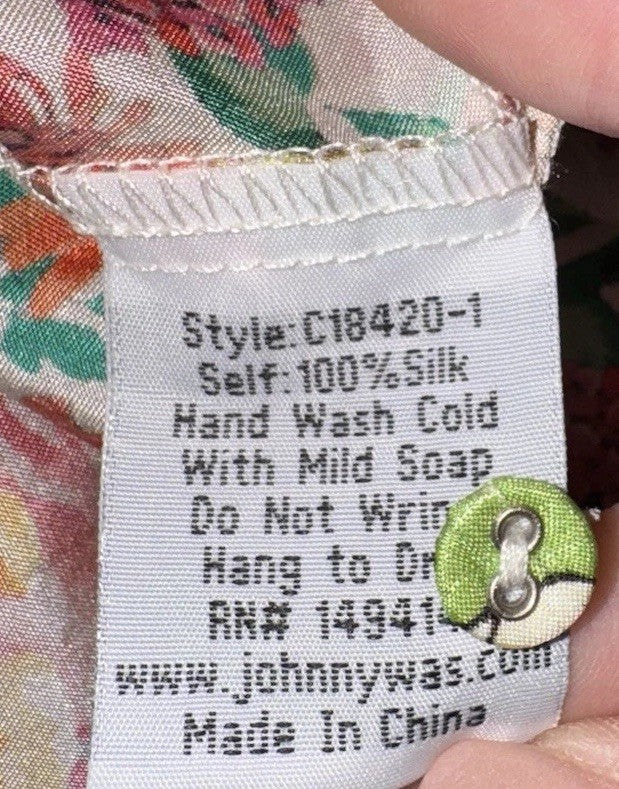 Johnny Was L Large 100% Silk Blouse Tunic Top Shirt Lace Hem Button Up Johnny Was