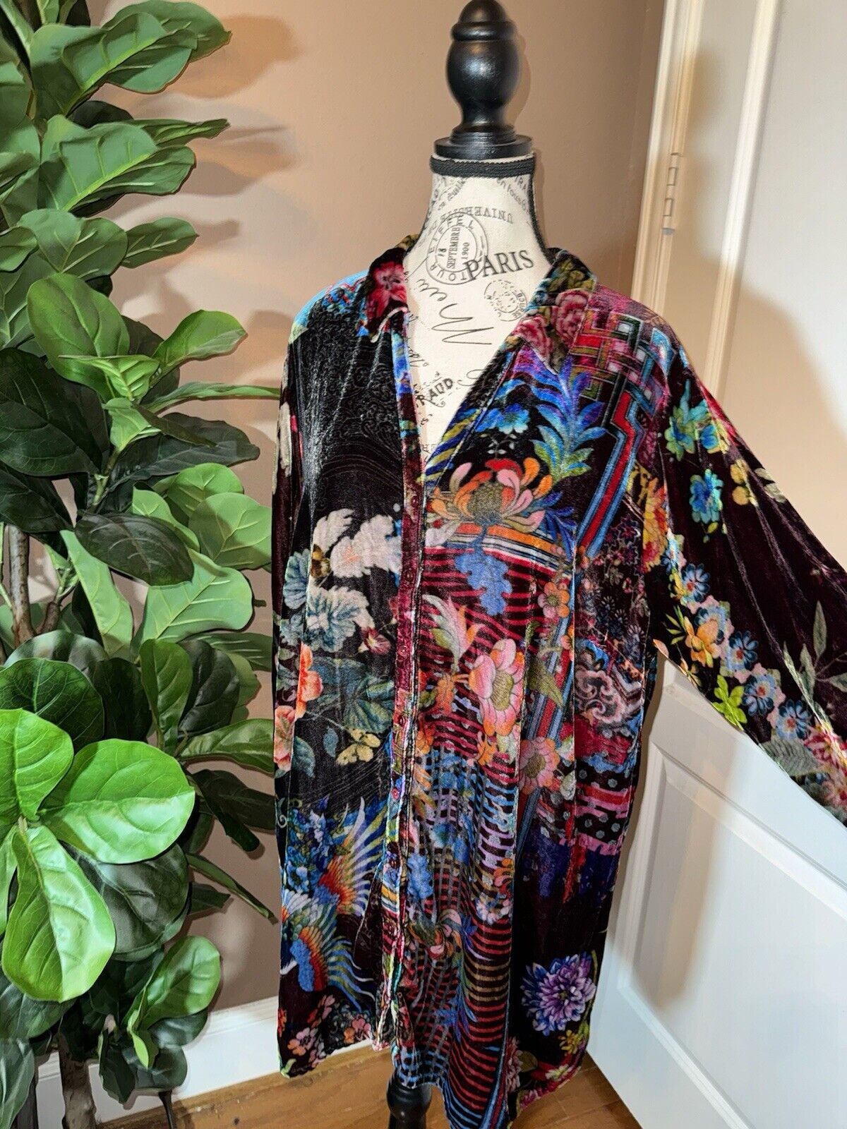 Johnny Was 1X XL Velvet Jewel Tone Kimono Long Sleeve Button Up Shirt Top Blouse