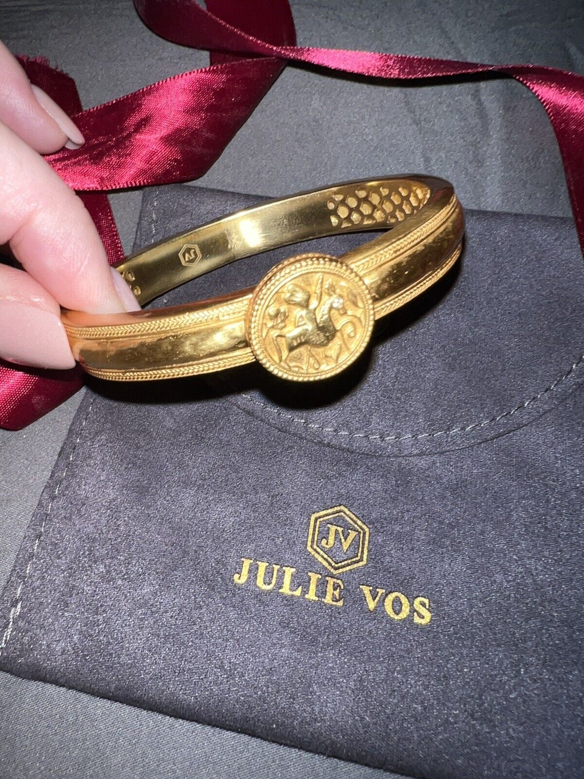 NEW Julie Vos Coin Medallion Hinged Cuff Bangle Bracelet 24k Gold Plated & CZ