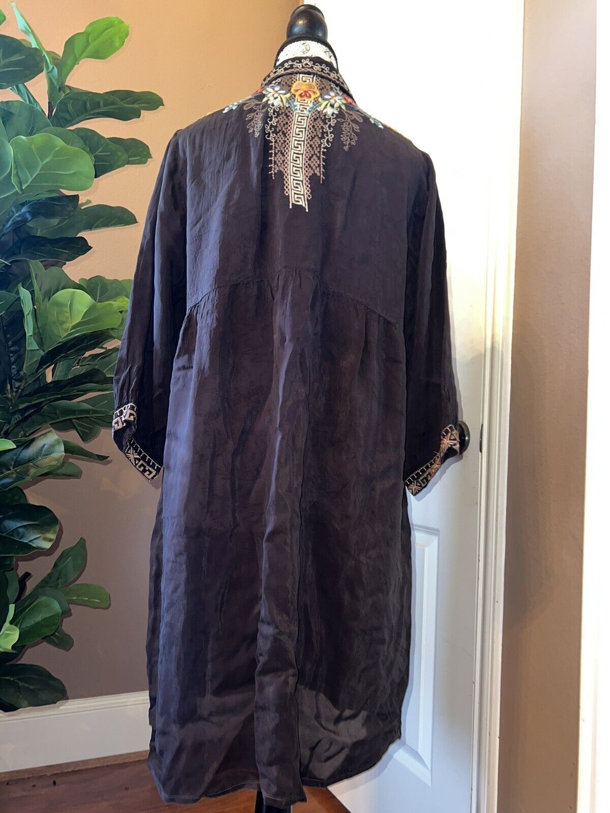 Johnny Was Brown Embroidered Silky Tunic Top Mini Dress Kimono Sleeves M Medium