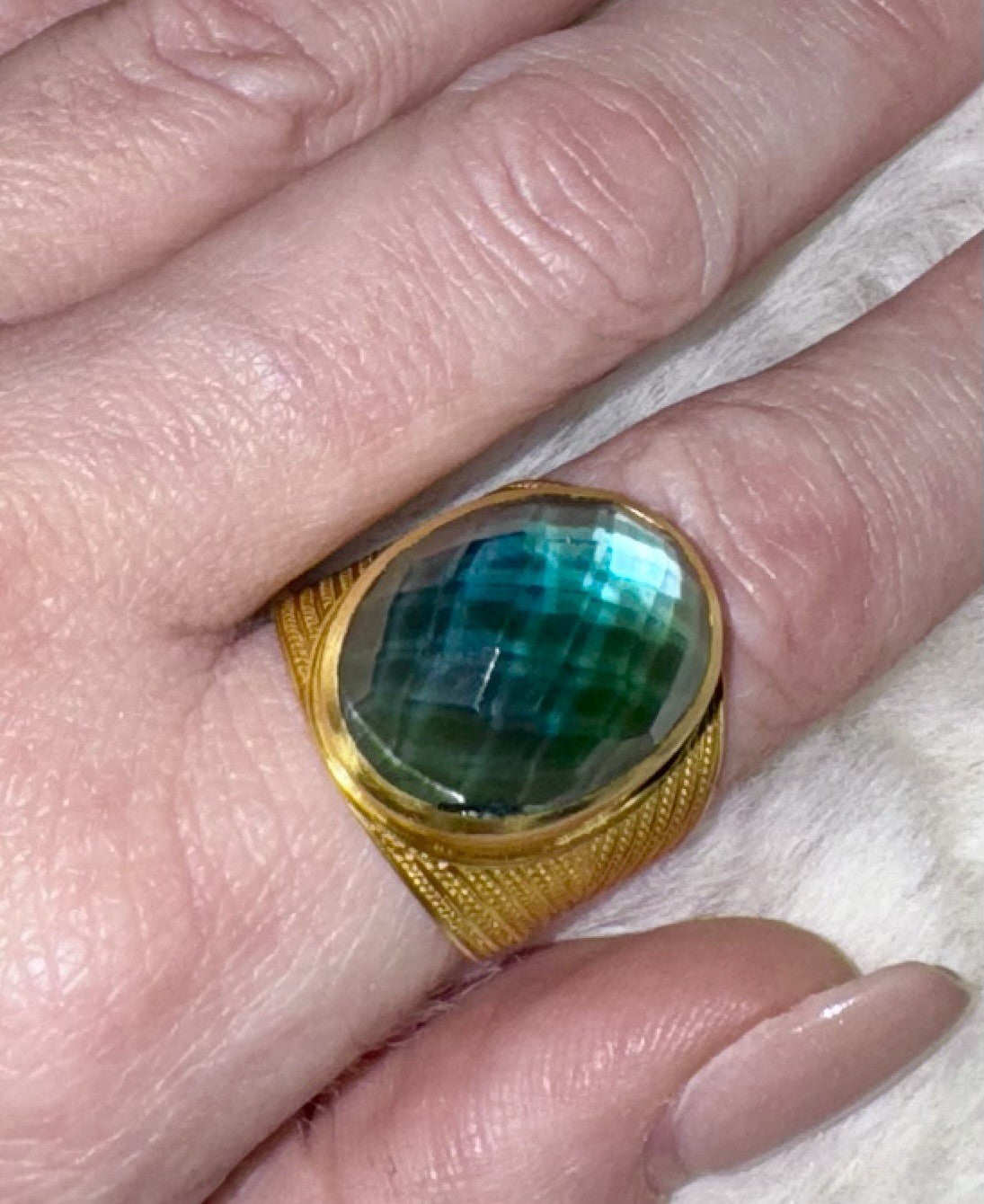 Julie Vos Iridescent Peacock Blue Statement Ring Sz 9 ADJUSTABLE 24k Gold Plate Julie Vos