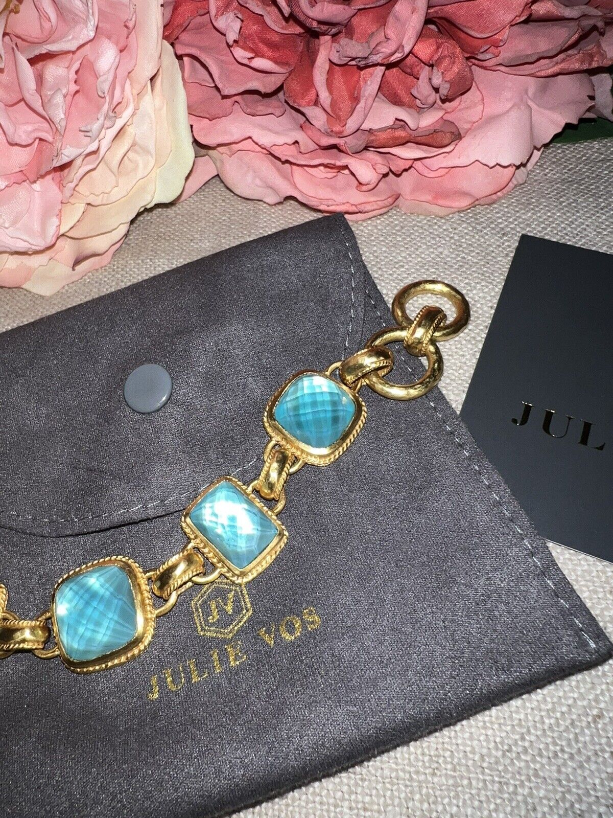 NEW Julie Vos Iridescent Bahamian Blue Link Bracelet With Adjustable Toggle NWT