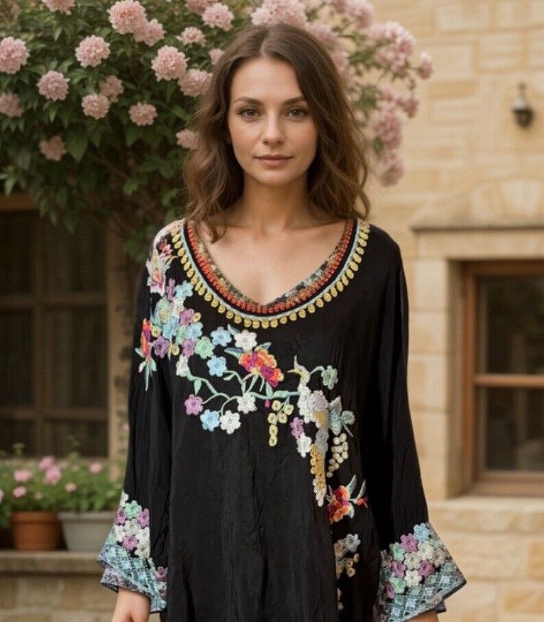 Johnny Was 3X 3XL Black Tunic Top Embroidered Peasant Blouse Floral Shirt