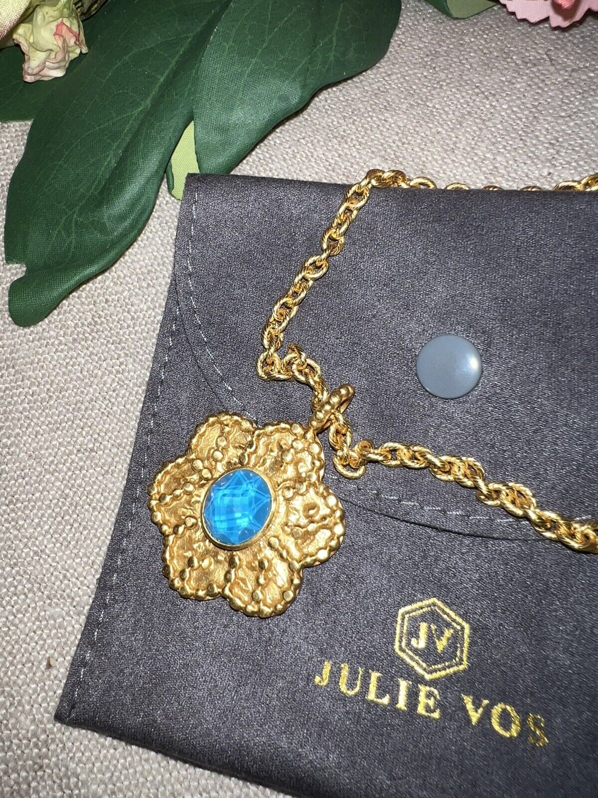 Julie Vos Long Chain 24k Gold Plated & Pacific Blue Floral Pendant