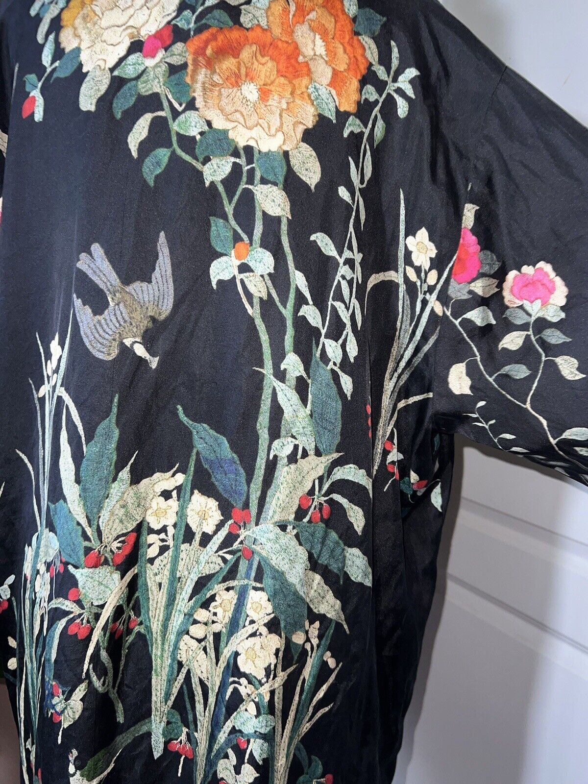 100% Silk Johnny Was Black Tunic Top Or Mini Dress XXL 2X 2XL Birds & Flowers