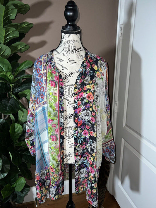 Johnny Was Silky Floral Patchwork Button Up Long Sleeve Tunic Top L  Kimono