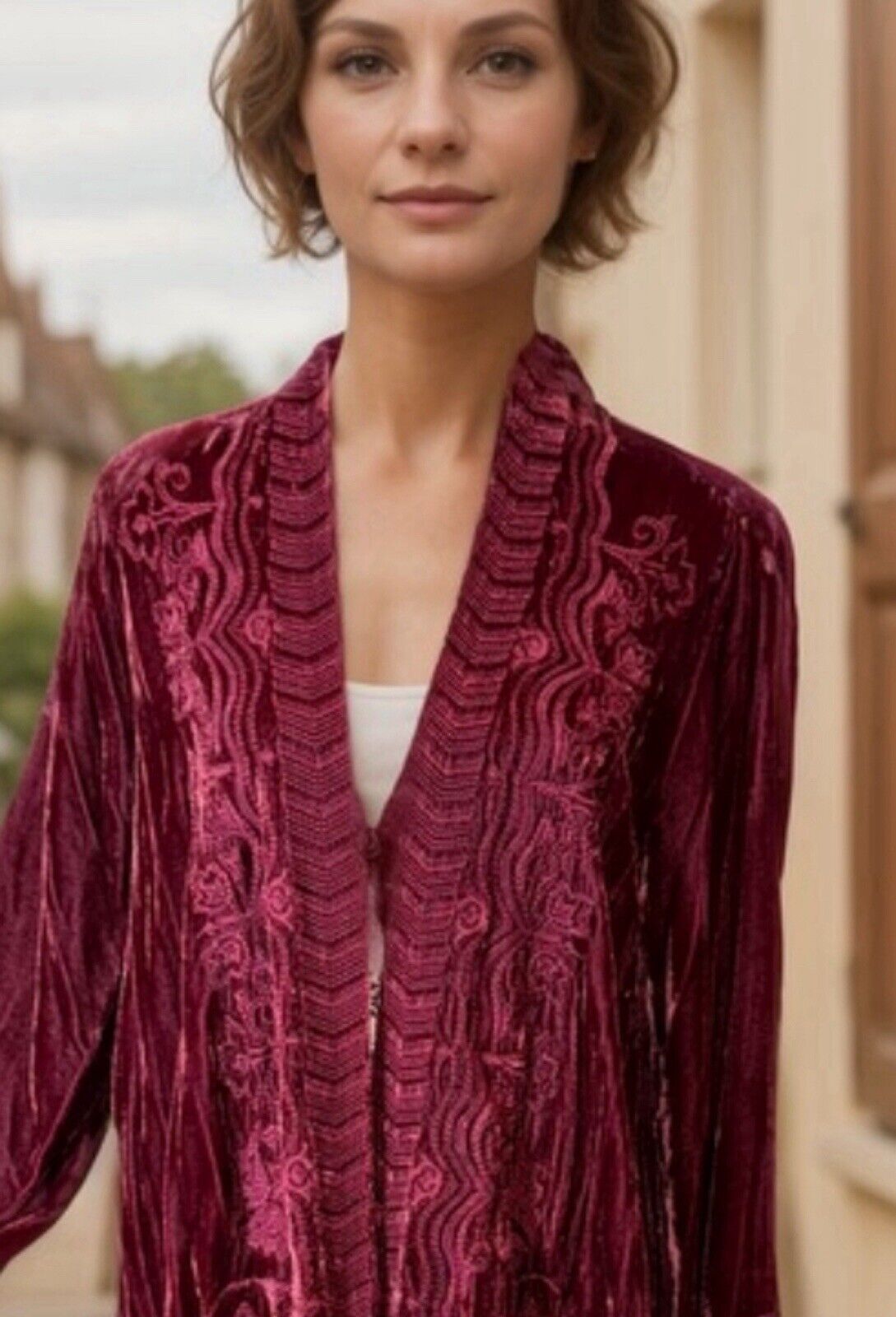 Johnny Was L Deep Wine Red Velvet Kimono Wrap Cardigan Tonal Embroidery