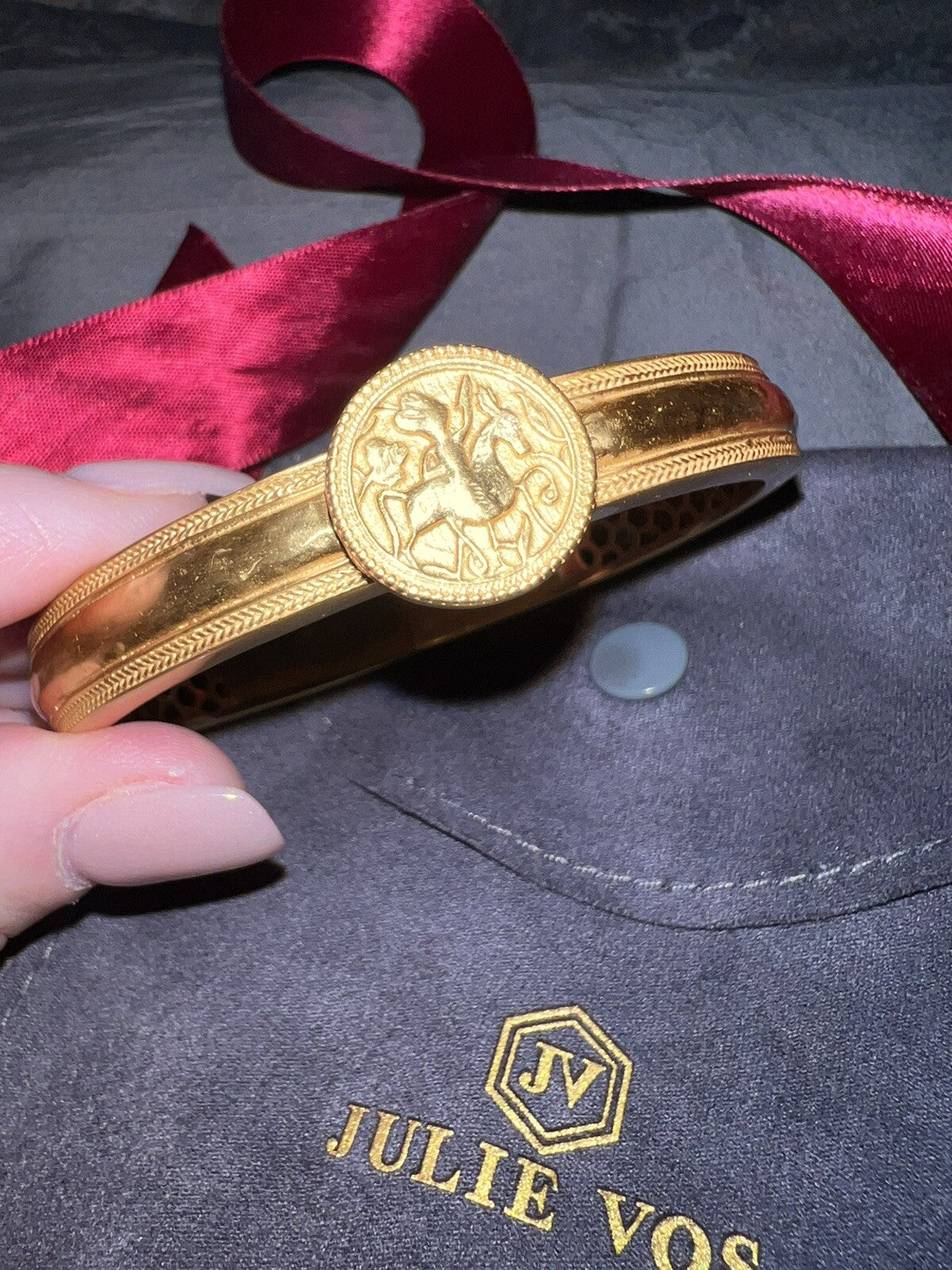 Julie Vos Coin Medallion Hinged Cuff Bangle Bracelet 24k Gold Plated & CZ Julie Vos