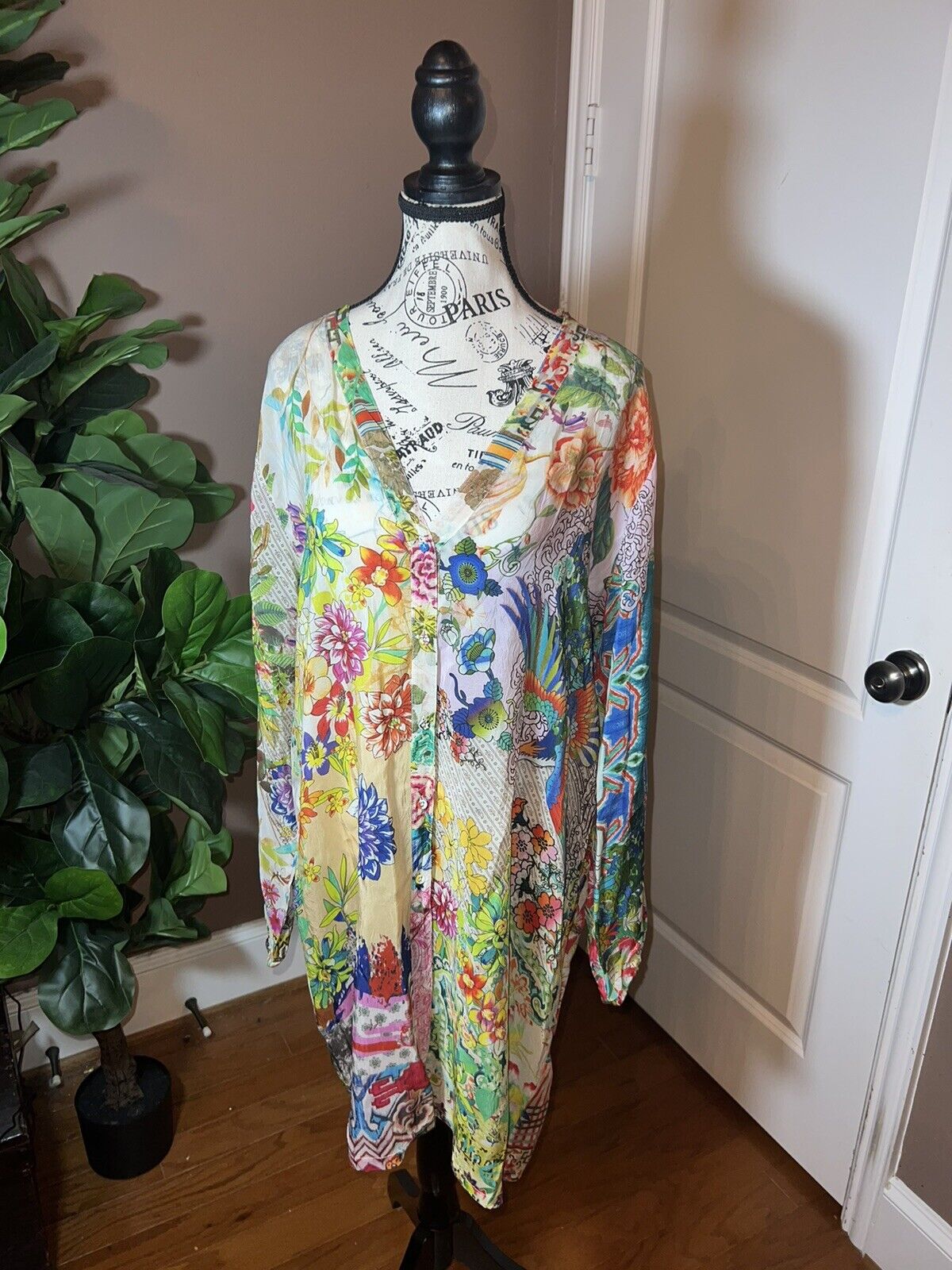 Johnny Was Silky Floral & Phoenix Long Sleeve Tunic Top Mini Dress L  Kimono