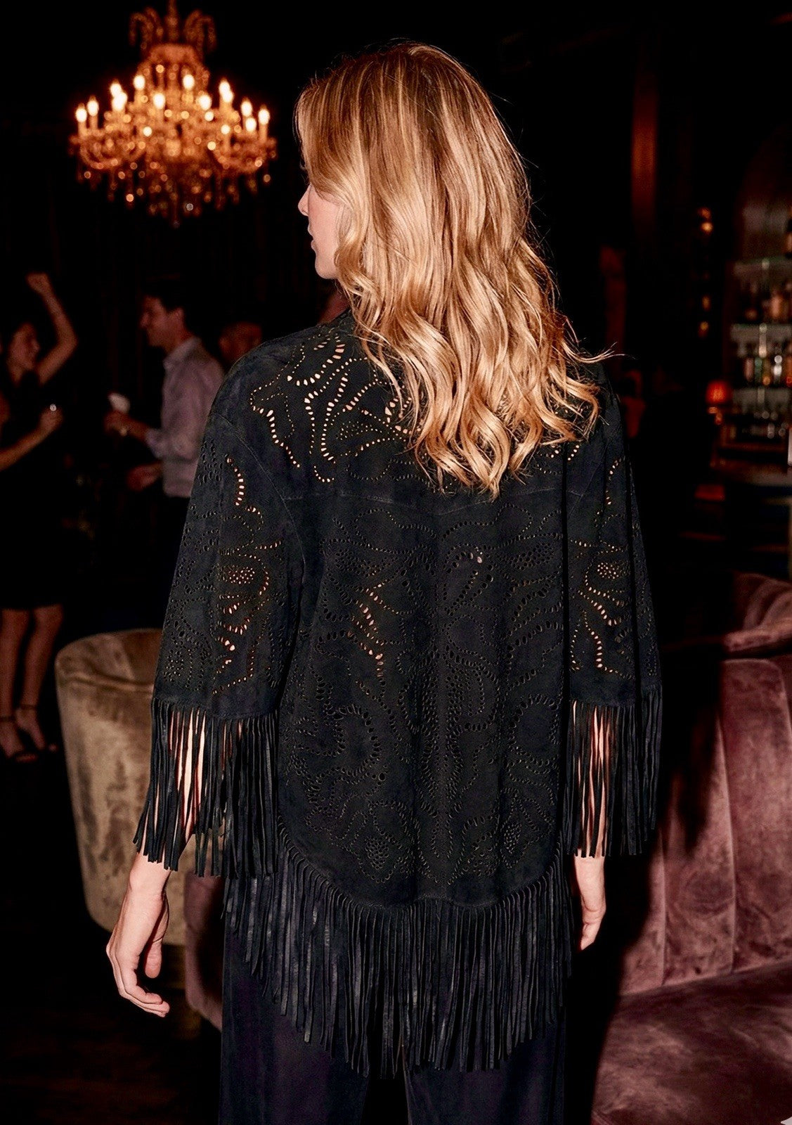 Johnny Was S/M Black Suede Leather Poncho Laser Cut Kimono Wrap $998 Retail Johnny Was