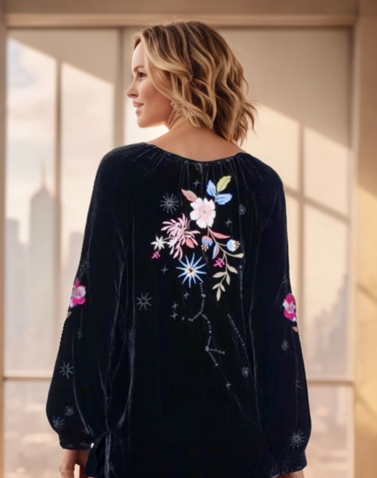 Johnny Was L Large Black Velvet Roses & Stars Embroidered Peasant Tunic Top Johnny Was