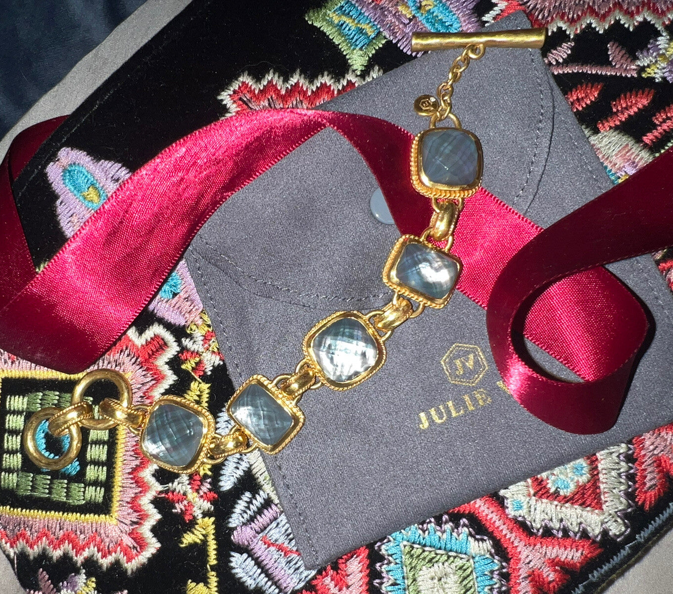 Julie Vos Iridescent Charcoal Blue Link Bracelet 24k Plate Adjustable Toggle Julie Vos