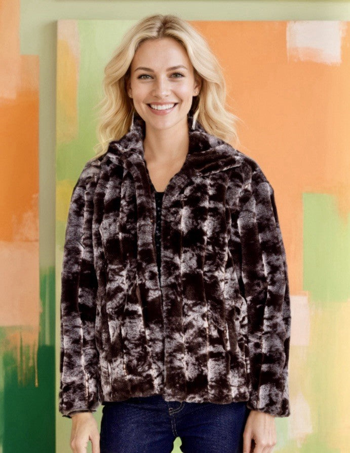 Johnny Was XL Black & Grey Faux Fur Coat Jacket Wrap Silk Lining Pockets Johnny Was