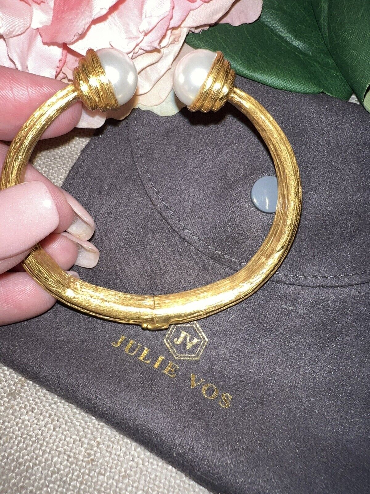 New Julie Vos Double Pearl 24k Gold Plate Hinged Bangle Cuff Bracelet