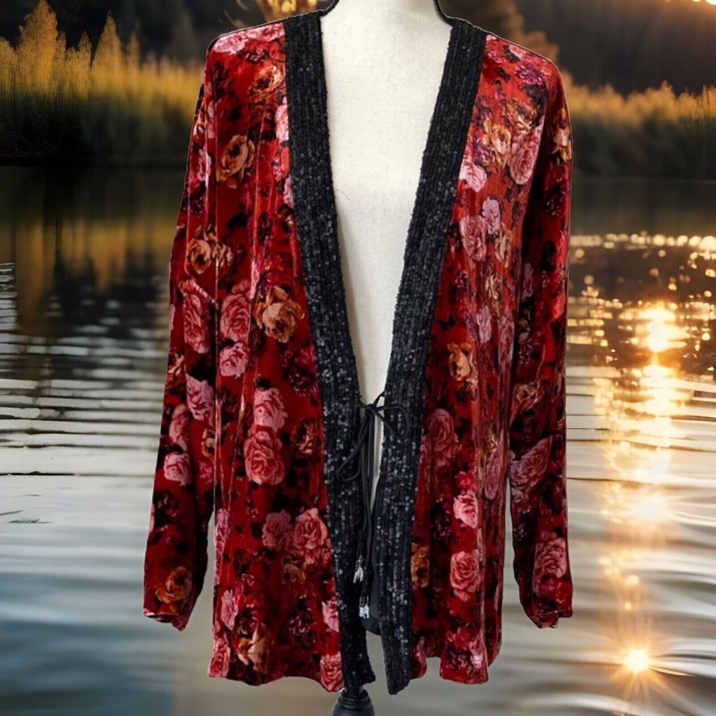 Johnny Was Red & Black Velvet W/ Silk Lining Kimono Wrap Jacket Sz XL 1X