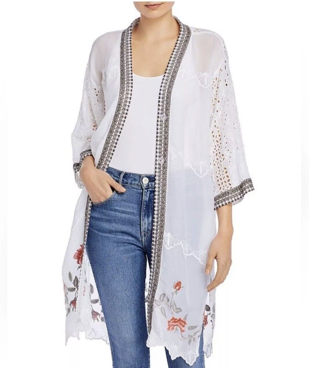 Johnny Was White Silky Long Kimono Duster Wrap Floral Embroidery XXL 2XL 2X