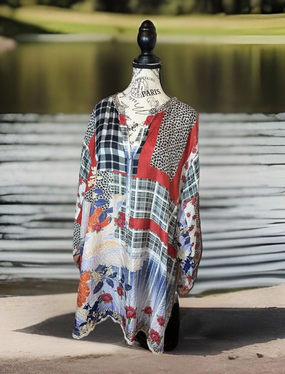 Johnny Was 3X 3XL 100% Silk Tunic Top Kimono Crane & Plaid Patchwork