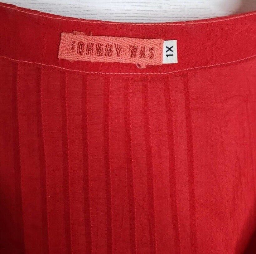 Johnny Was 1X 1XL Peasant Top Red Silky Handkerchief Hem Embroidered Tunic