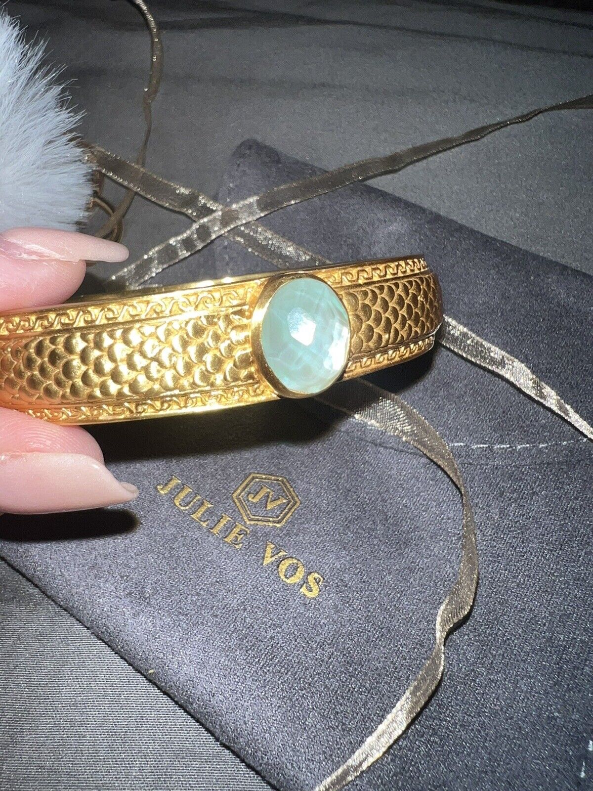 Julie Vos Hinged Bangle with Bahamian Blue Stone & 24k Plated  RETIRED