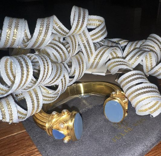 Julie Vos Blue & Pearl 24k Gold Plated Large Hinged Cuff Bangle Bracelet