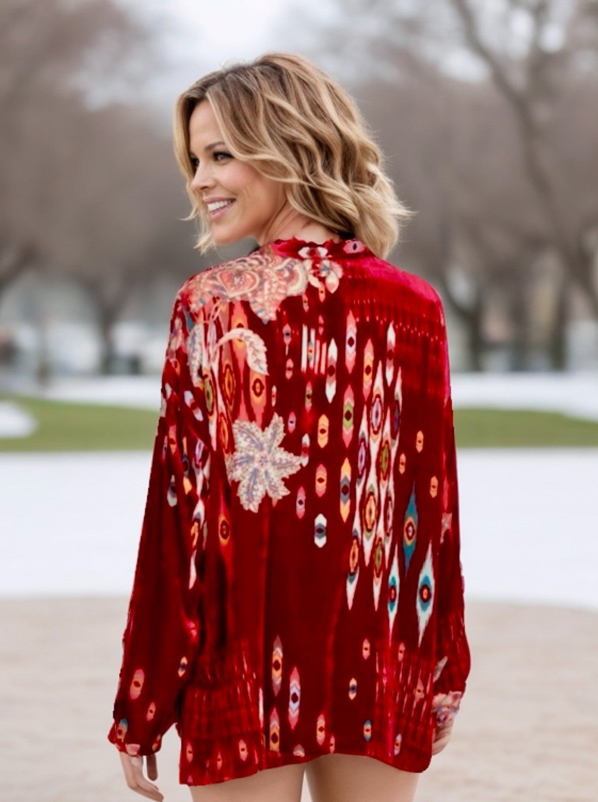 Johnny Was XL Red Burnout Velvet & Silk Button Up Blouse Tunic Top Shirt Johnny Was