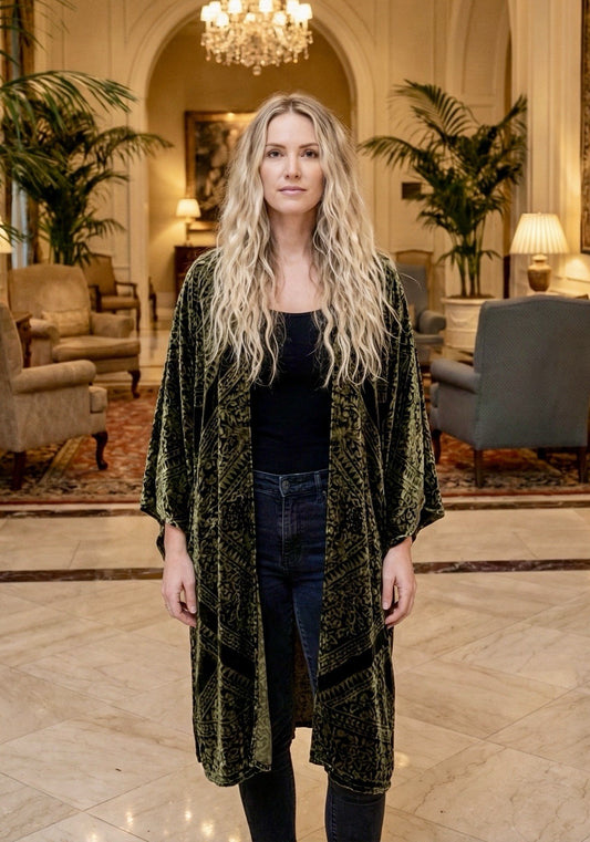 Johnny Was XL Deep Green Burnout Velvet Long Kimono Duster Wrap Jacket Coat Johnny Was