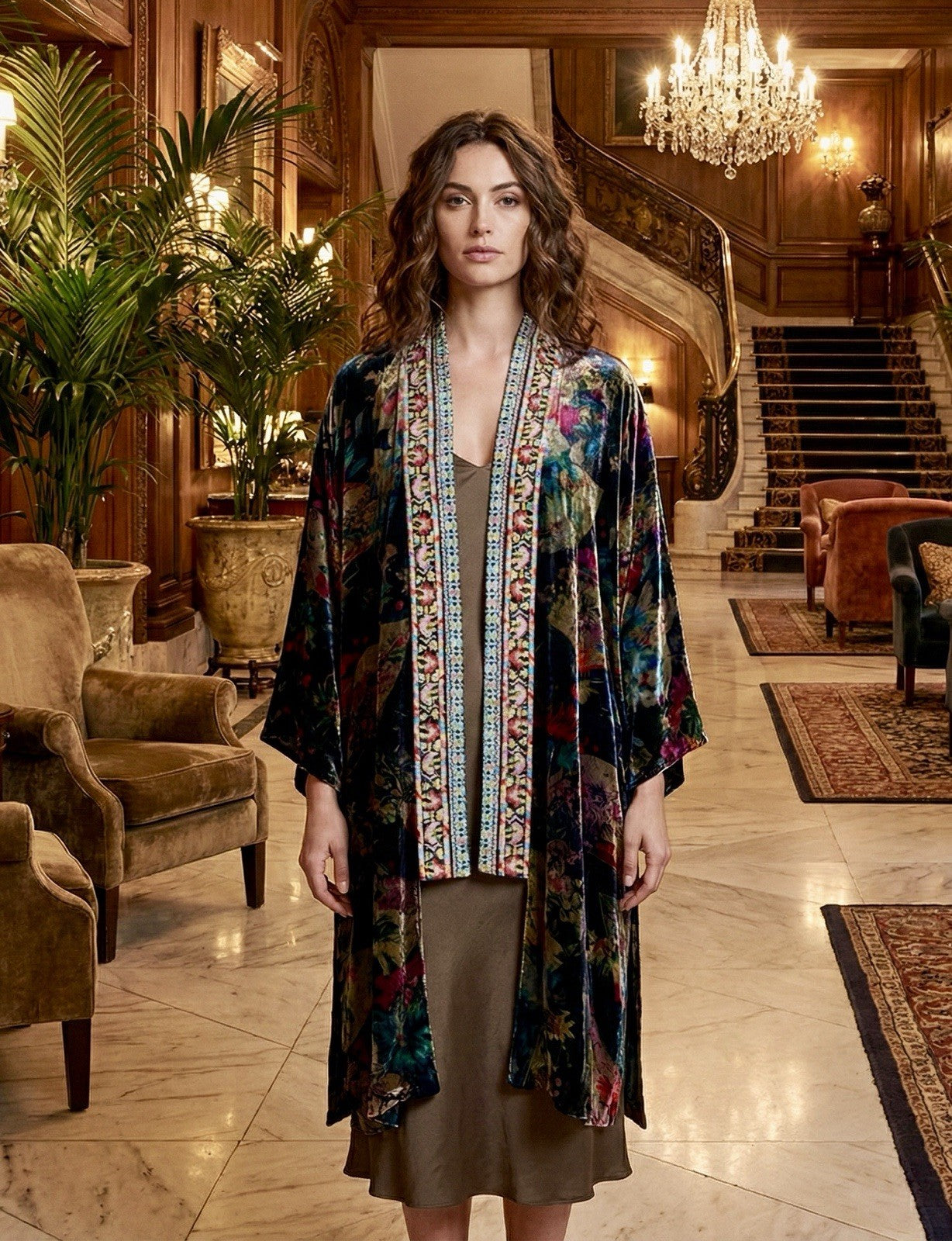 Johnny Was XL Velvet & Silk Kimono Wrap Cardigan Jewel Tone Floral REVERSIBLE Johnny Was