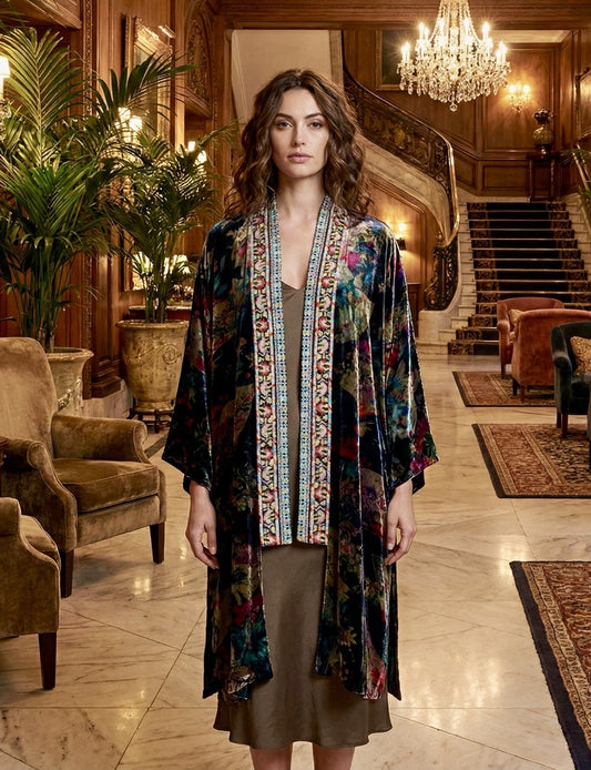 Johnny Was XL Velvet & Silk Kimono Wrap Cardigan Jewel Tone Floral REVERSIBLE Johnny Was