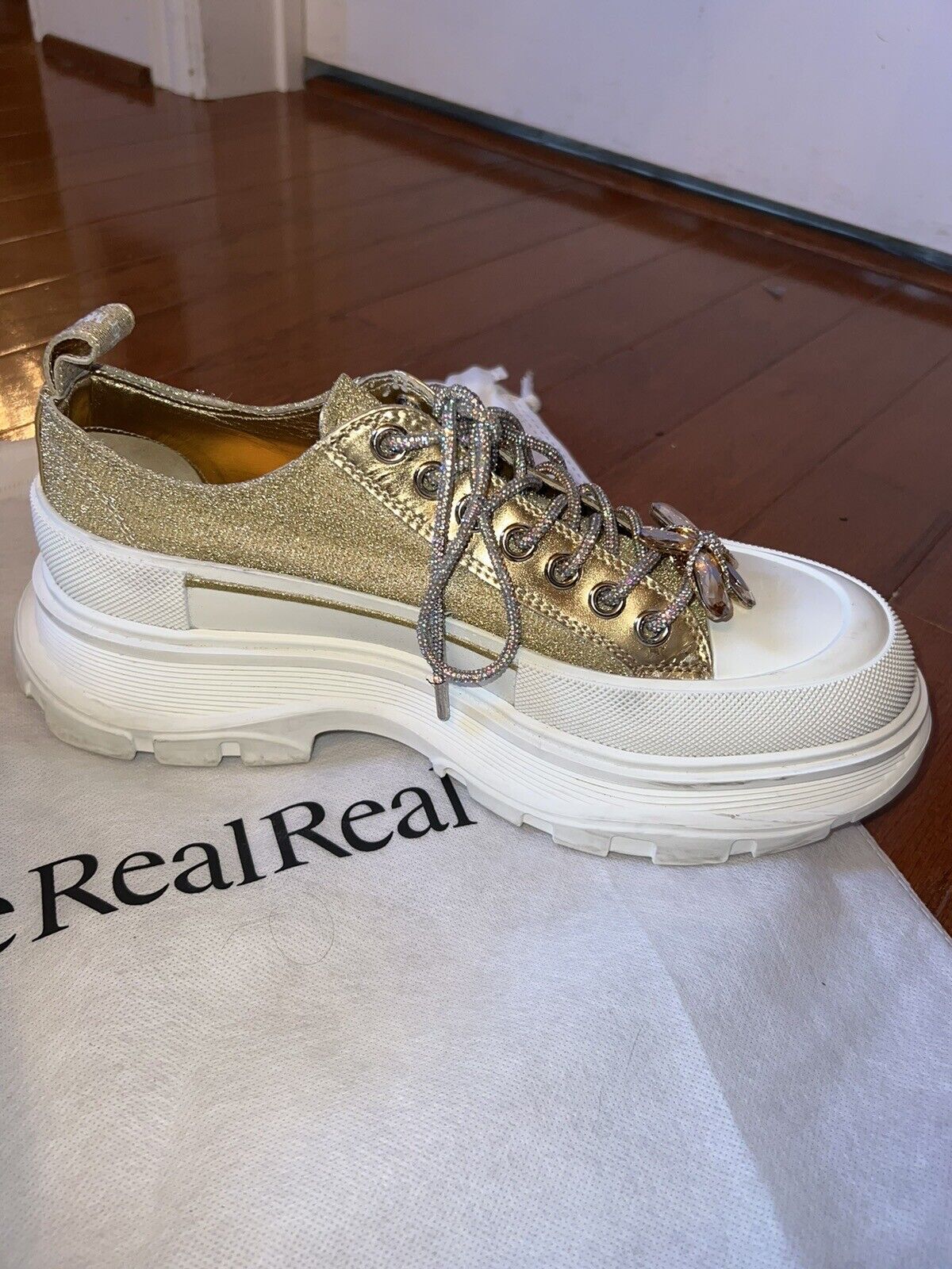 Alexander McQueen Tread Slick Gold Glitter Sneakers Retail $1180 Sz 42 US 10