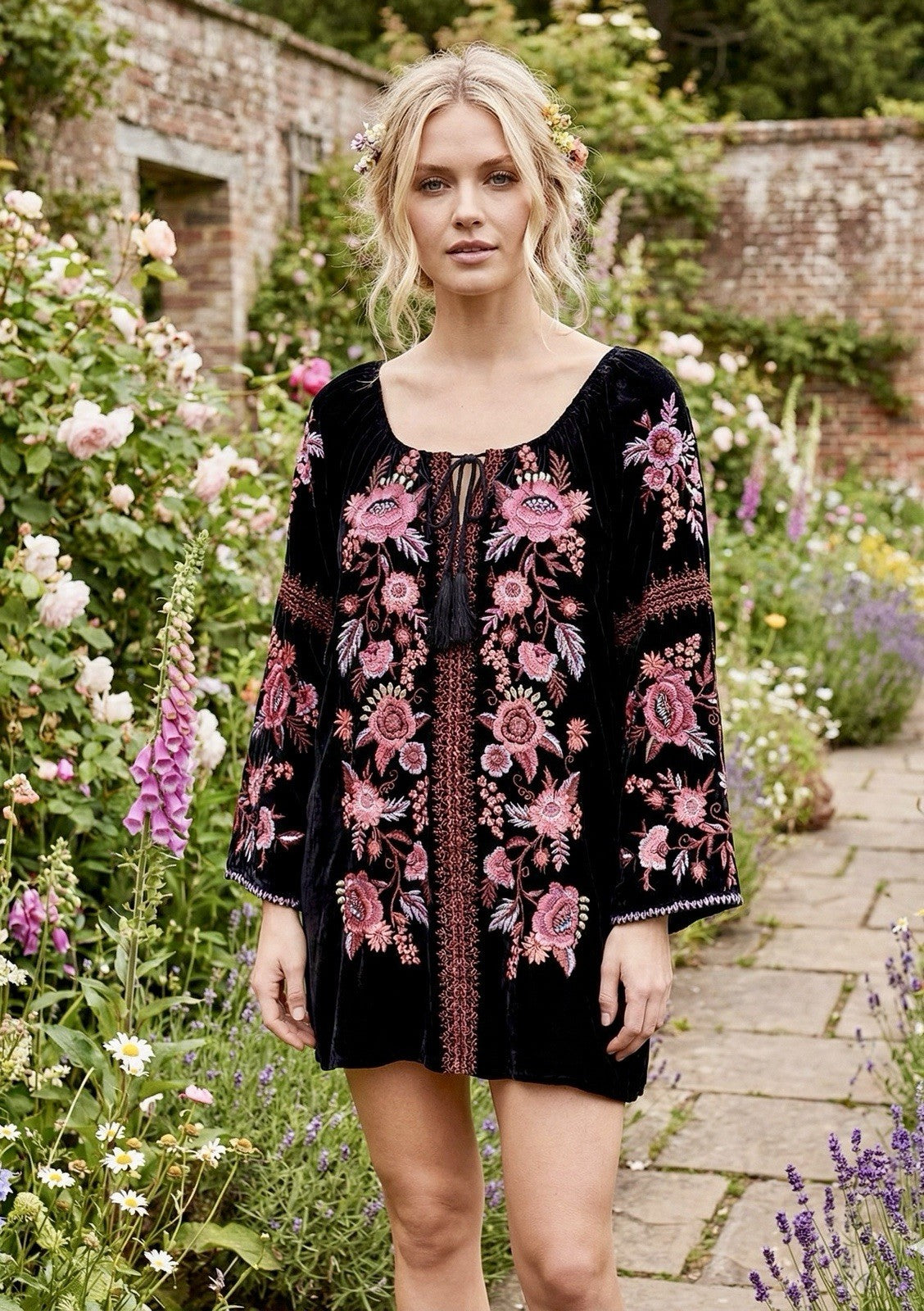 Johnny Was L Large Black & Pink Velvet Peasant Blouse Embroidered Tunic Top Johnny Was