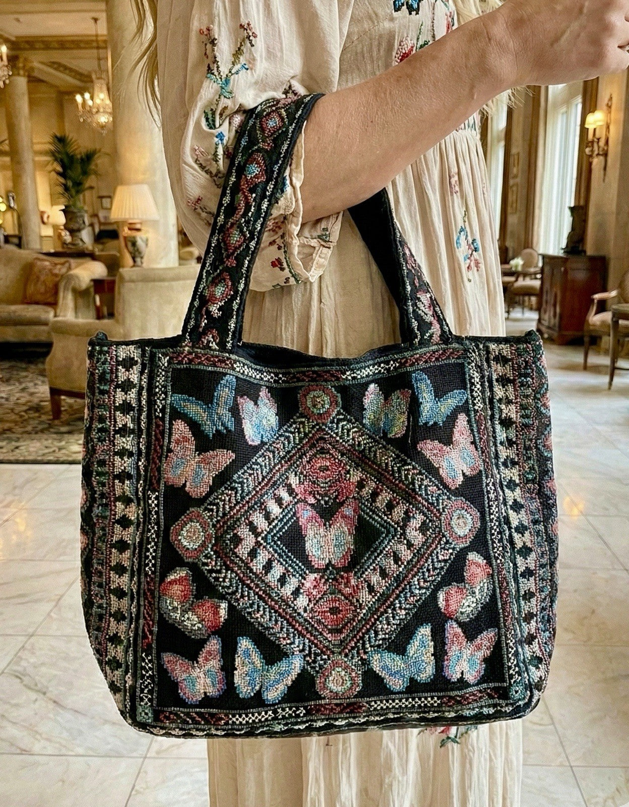 Johnny Was Large Black Velvet Hobo Bag Tote Purse Embroidered Crossbody Johnny Was