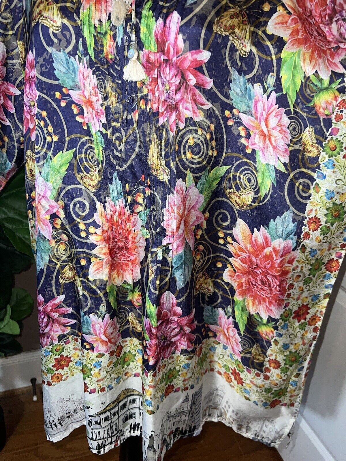 Johnny Was 100% Silk Tunic Top Tassels Jewel Tone XL 1X 1XL Floral &City