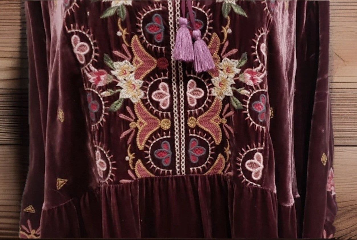 Johnny Was 1X Plus Burgundy Velvet Mini Shift Dress Peasant Tunic Embroidery Johnny Was