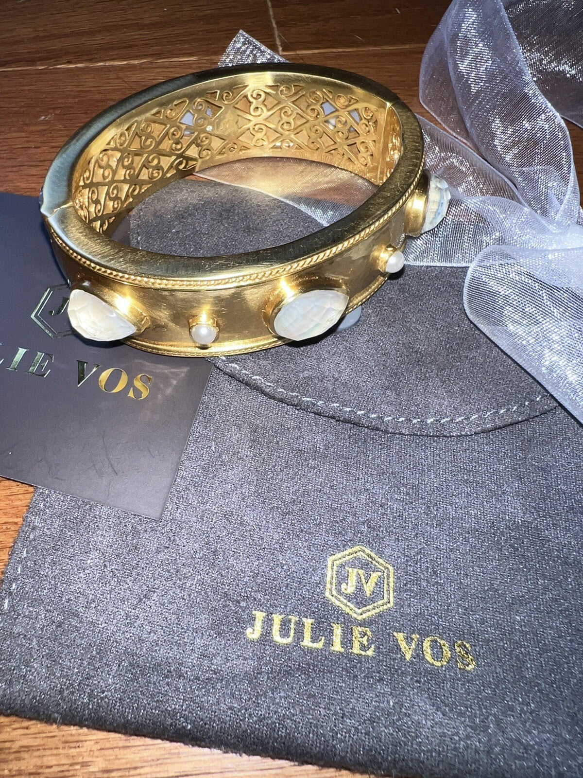 Julie Vos Large Hinged Bangle Cuff Bracelet 24k Gold Plate & Iridescent Julie Vos