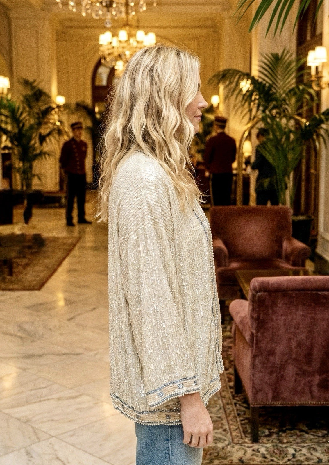 Johnny Was L Large Silk & Sequins Ivory KIMONO Jacket Wrap Pearl Accents Johnny Was