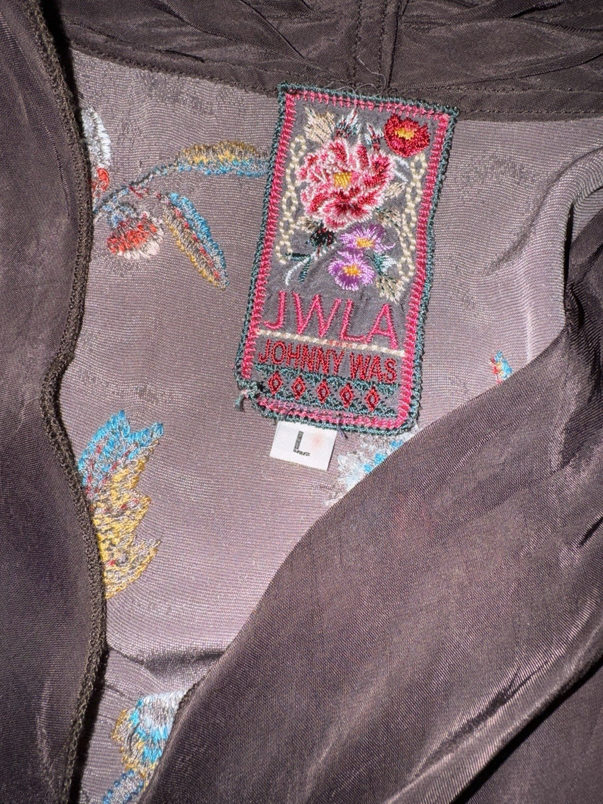 Johnny Was L Brown Velvet & Silk Panel Kimono Embroidery Wrap Cardigan Jacket Johnny Was