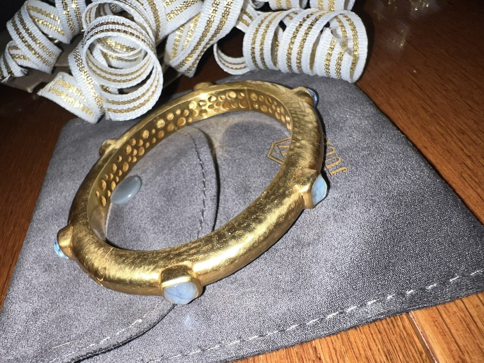 Julie Vos Hinged Bangle Bracelet W/ Light Blue Stones 24k Gold Plate Julie Vos