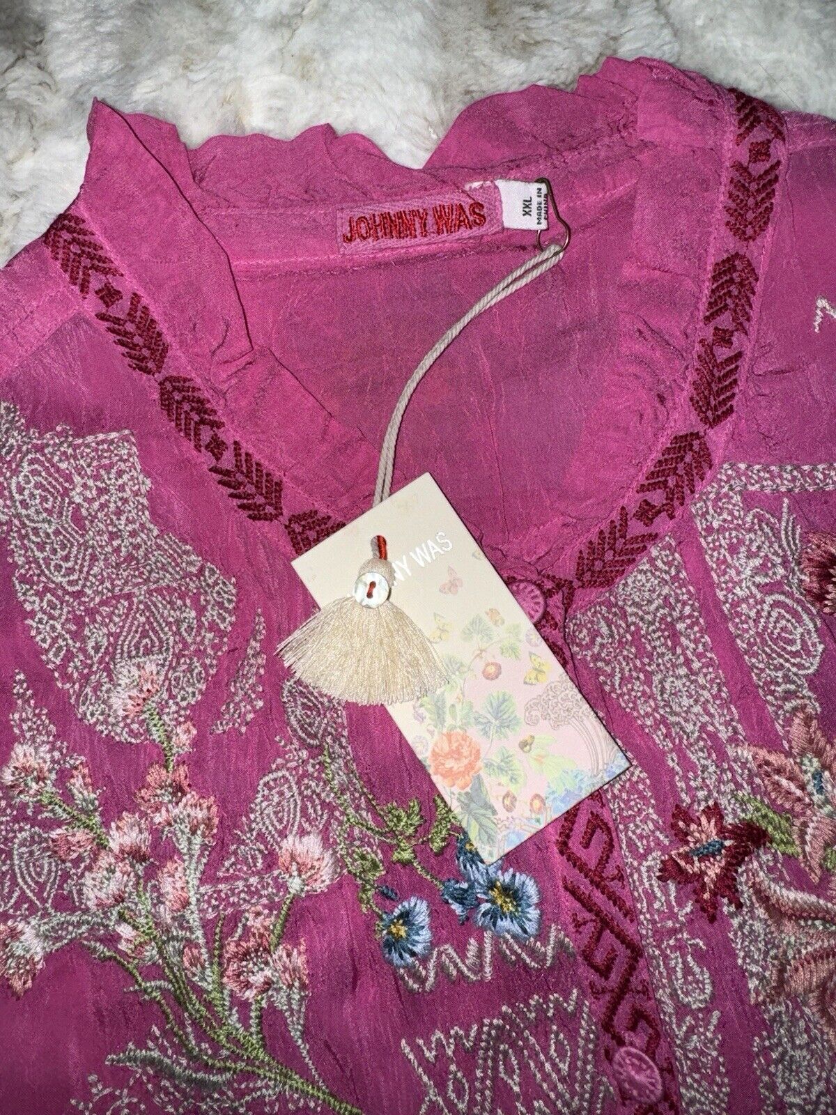 Johnny Was XXL 2X Tunic Top Pink Blouse Embroidered W/ Scalloped Hem Shirt