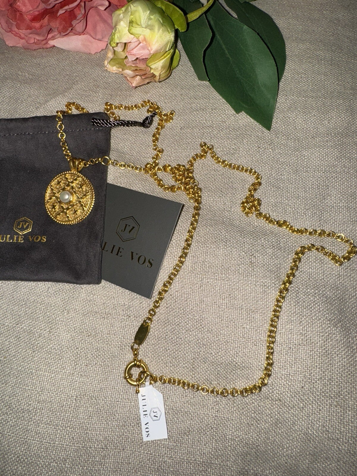 Julie Vos Coin Medallion REVERSIBLE PEARL Pendant Long Link Necklace RETIRED Julie Vos