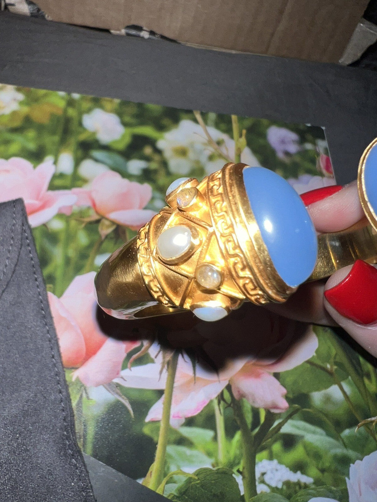 Julie Vos Soft Blue & Pearl Hinged Cuff Bracelet 24k Gold Plated Bangle Julie Vos