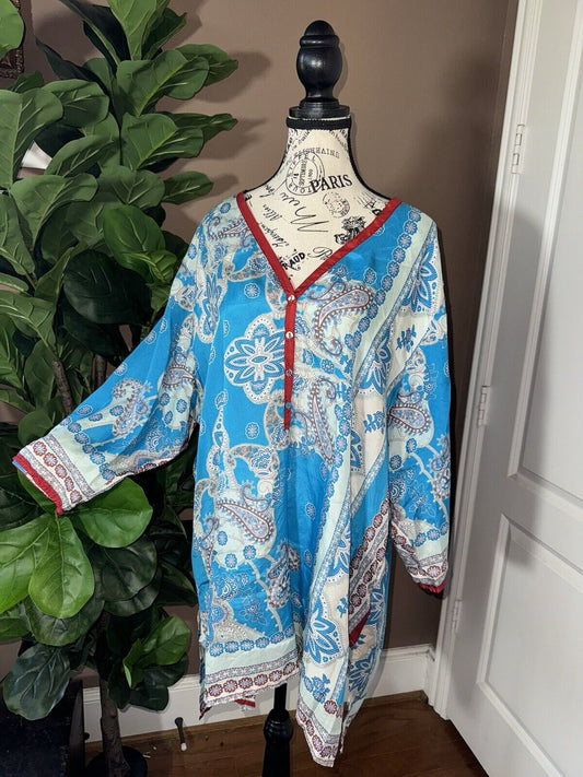 Johnny Was XXL 2X 2XL 100% Silk Long Sleeve Tunic Top Kimono Red White Blue