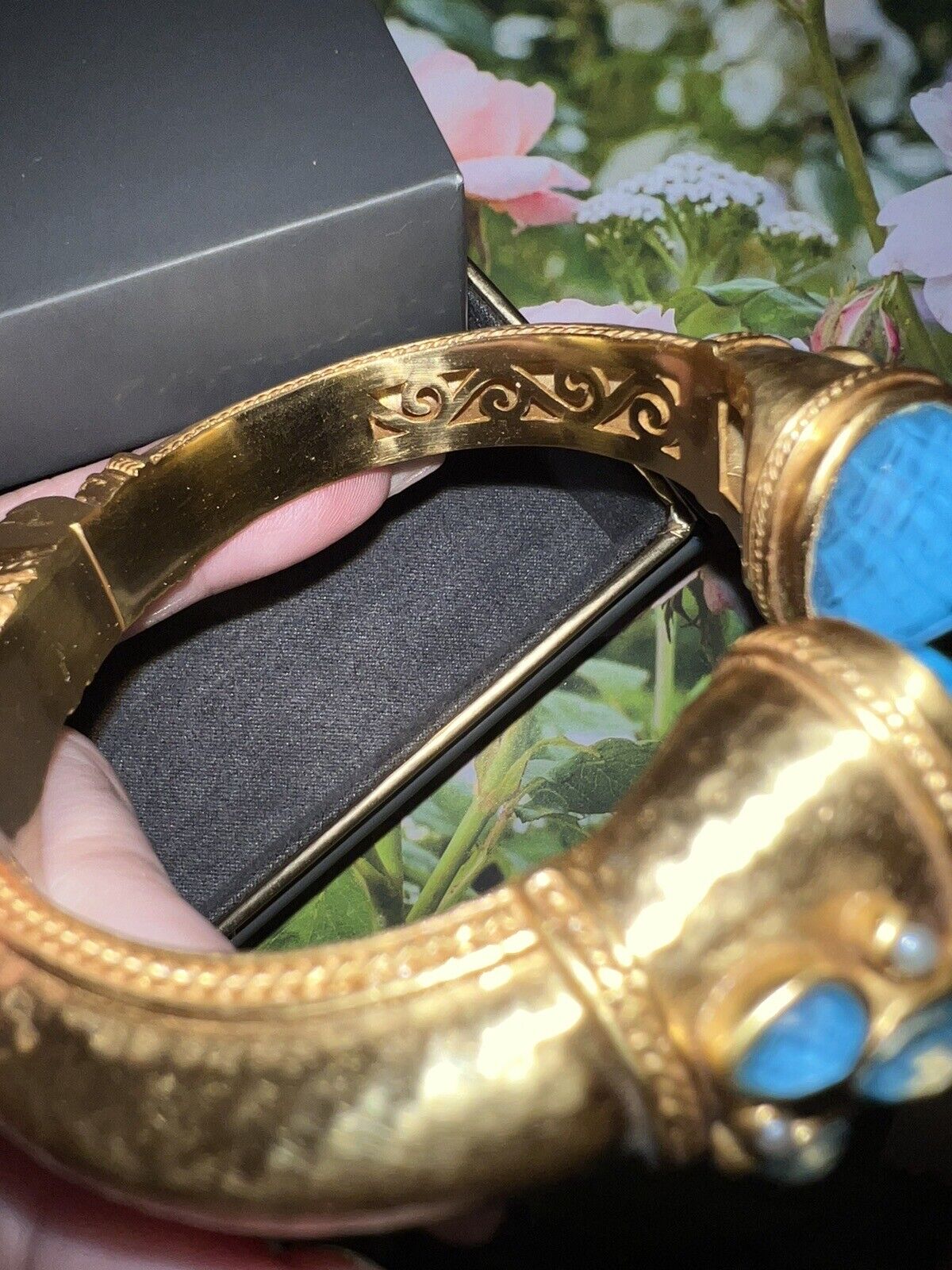 NEW Julie Vos Large Iridescent Blue Hinged Bangle Cuff Bracelet 24k Gold Plate